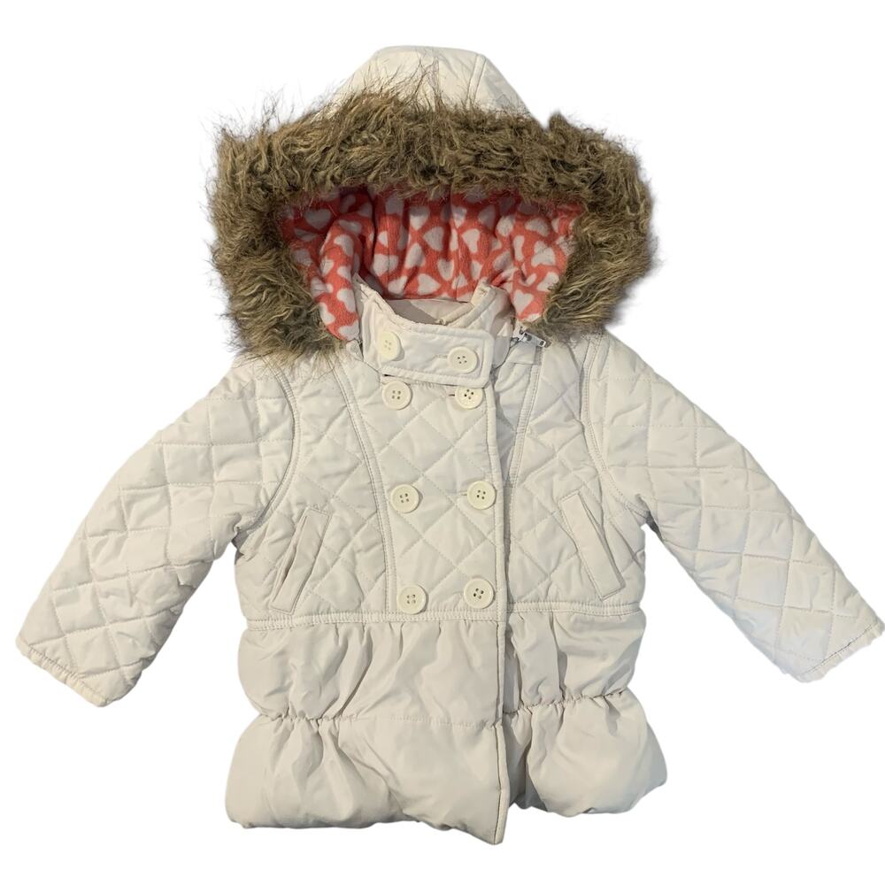 Dollhouse Girls Size 4 Hooded Puffer Coat Faux Fur Trim Coral Hearts Lining